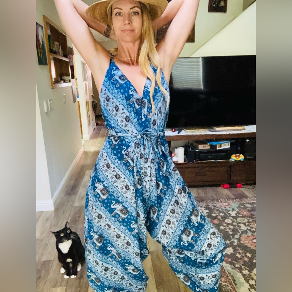 The genie pantsuit in Thai elephant blue
